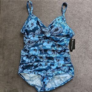 Jantzen Women's Blue Art House Floral Trim V-Neck One Piece Swimsuit 10